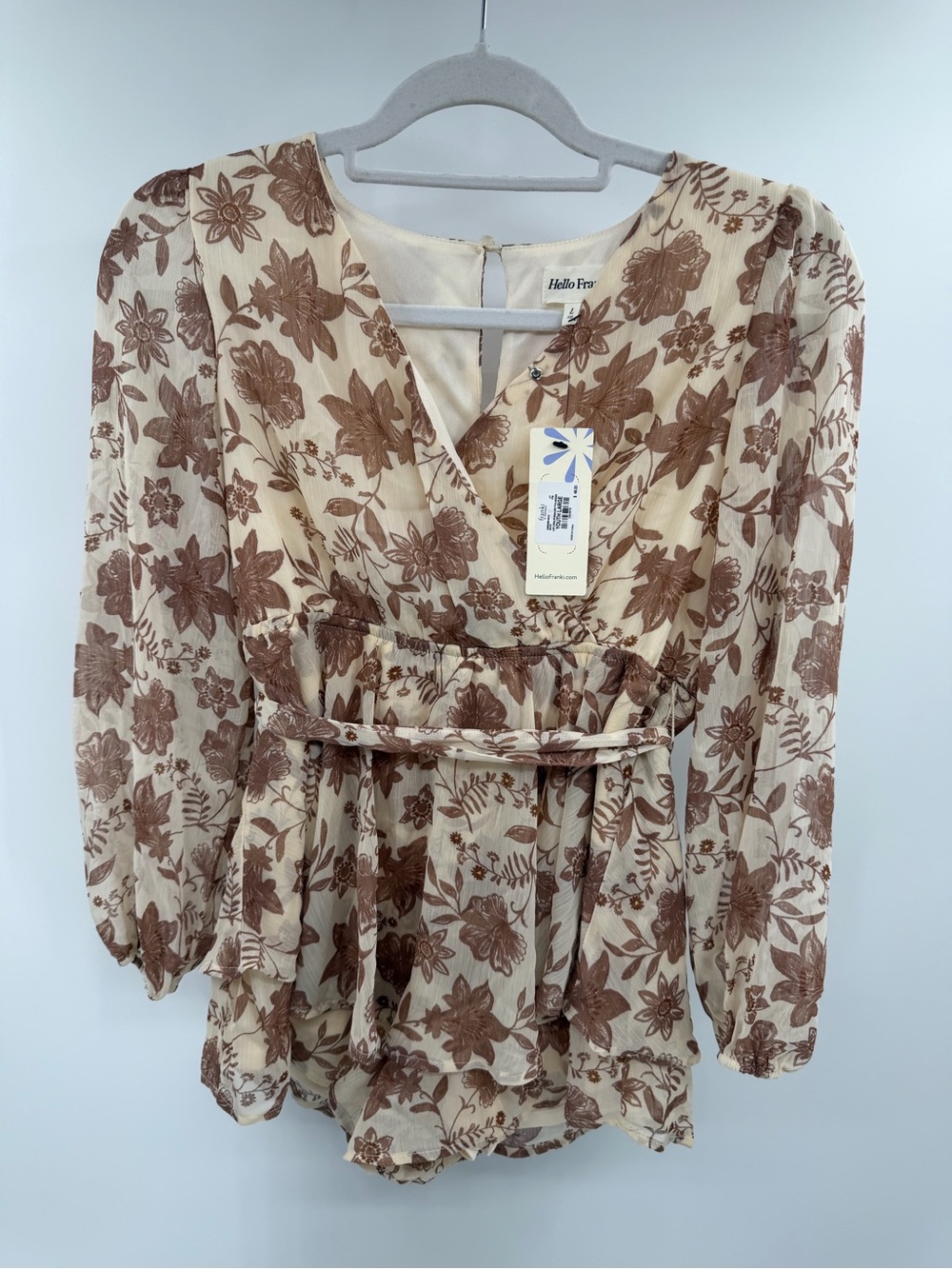 Hello Franki Brown Floral V-Neck 3/4 Sleeve Romper Size Large Juniors New